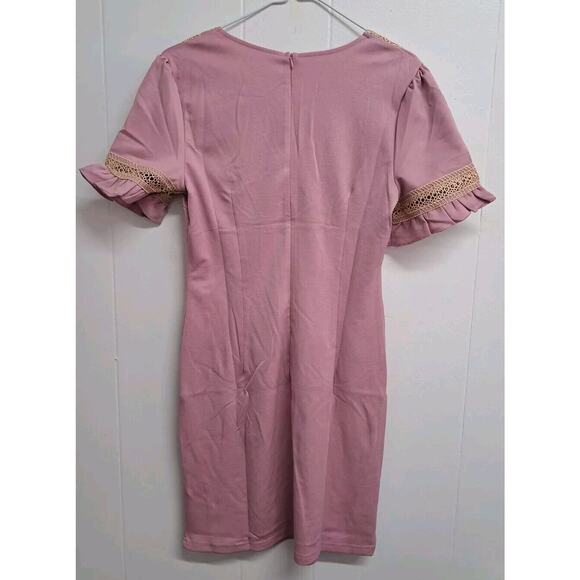 Women‎ Dress Lace V Neck Ruffle Sleeve Casual Short Mini Dress Pink Size S - Picture 3 of 11